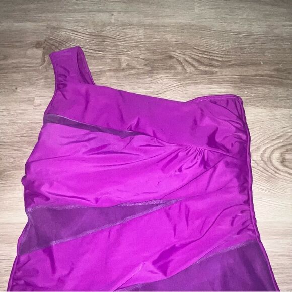 Women's Bright Magenta Purple Asymetrical One Piece Swimsuit - Picture 3 of 9